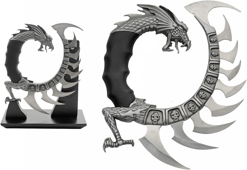 Rite Edge 8.5" Dragon Spine Decorative Knife Set – Circular Dragon Design with Satin Blades, Zinc Alloy Handle, and Wooden Display Stand – Unique Collectible - Image 1